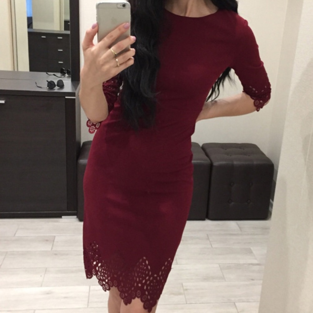 1 Left! Burgundy Bodycon Dress W/ Laser Cut - Picture 6 of 8